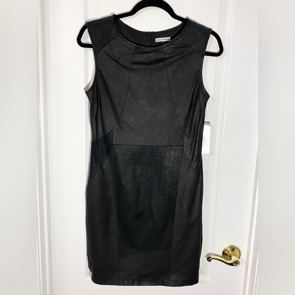 NWT Genuine Leather Sleeveless Sheath Mini Dress in Black by My Tribe Size Small